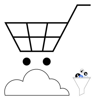 Alışveriş arabası, bulut deposu ve soyut verileri filtreleyen huni. Çevrimiçi alışveriş, veri yönetimi, bulut hizmetleri, dijital pazarlama, analitik e-ticaret yeniliği için ideal. Düz basit