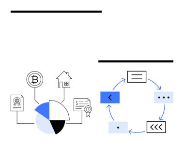Turta şeması varlık tipleri, kripto para, gayrimenkul, belge ve sertifikaları onaylıyor. Yön okları ile komşu işlem akışı sistematik yönetimi gösterir. Finans ve planlama için ideal