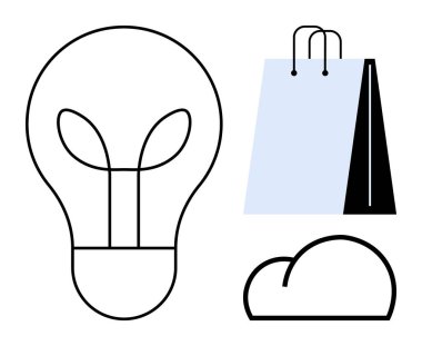 Yaprak, alışveriş torbası ve bulutlu ampul sürdürülebilirliği, yeşil yeniliği ve ekolojik bilinci vurguluyor. Yenilenebilir enerji, eko-ticaret, geri dönüşüm, çevre koruma bulutu için ideal