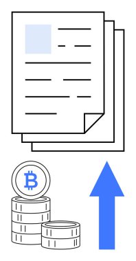 Bir yığın belge, Bitcoin paralar ve yukarı bakan kripto para büyümesini sembolize eden mavi bir ok. Finans, yatırım, engelleme zinciri, dijital para birimi, raporlar ve ekonomi eğilimleri için ideal
