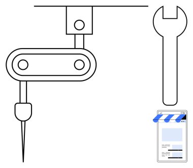 Matkap, anahtar, dükkan önü uygulamalı mekanik kol tamir, imalat ve çevrimiçi ticaret öneriyor. Teknoloji, araç gereç, endüstriyel e-ticaret yenilik girişimi verimliliği için idealdir. Düz