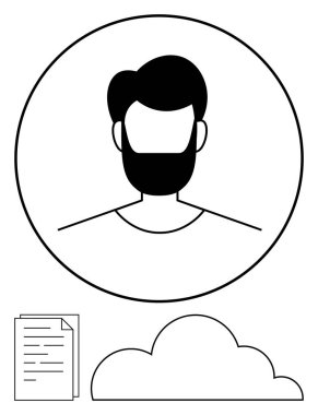 Erkek avatarı dairesel çerçeve, kağıt belge ve bulut grafikleriyle çevrili. Veri depolama, çevrimiçi kimlik, yedekleme, belge yönetimi, kullanıcı yönetimi, ağ düz metaforu için ideal