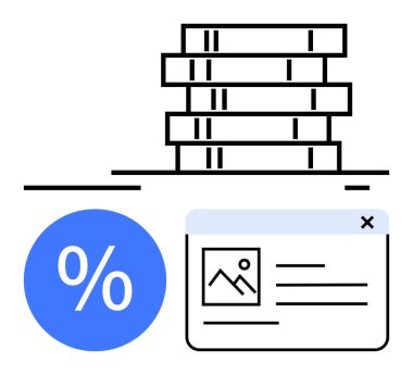 Birikmiş paralar, mavi dairenin üzerinde büyük bir yüzdelik sembol ve resim önizlemesi ve metin satırlı belge penceresi. Finans, veri analizi, büyüme, yatırım, ekonomi ve iş istatistikleri için ideal