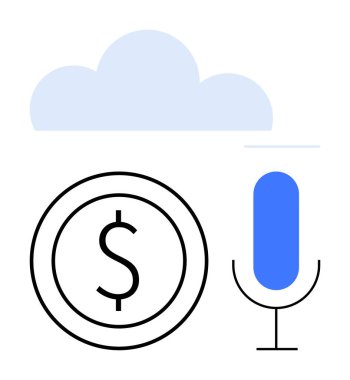 Mikrofonun üstündeki bulut ve bozuk para sembolü bulut deposu, ses girişi ve çevrimiçi ödeme kavramları arasındaki bağlantıyı temsil ediyor. Finans, teknoloji, yenilik, dijital iletişim ve bulut için ideal