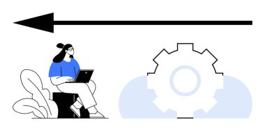 Dizüstü bilgisayarı olan bir kadın, sol tarafı gösteren büyük bir ok ve yön, takım çalışması ya da verimliliği temsil eden bir alet. İş akışı, planlama, süreç, hedef belirleme üretkenlik sistemleri için ideal