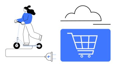 Bir insan, dijital alışveriş arabası ve bulut grafiğiyle şarj olurken elektrikli scooter kullanıyor. Çevre taşımacılığı, e-ticaret, sürdürülebilirlik, teknoloji, hareketlilik, yenilik, gelecek için ideal
