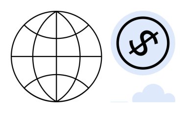 Siyah küre şebekesi mavi daire şeklinde dolar işaretiyle eşleştirilmiş, yanında da ince bulut şekli var. Finans, uluslararası ticaret, küreselleşme, ekonomi, ağ oluşturma, iş büyümesi için ideal, sade