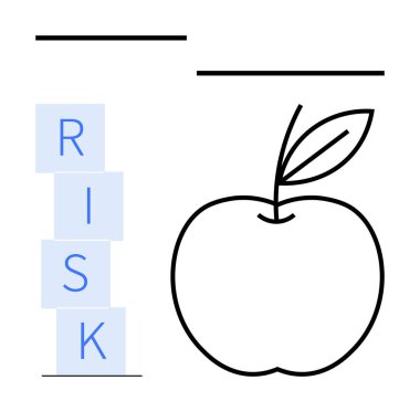 RİSK harfleri, temiz çizgili bir elma yaprağının yanına istiflenmiş. Karar verme, denge, analiz, strateji, seçimler, minimalizm, soyut düz metafor için ideal