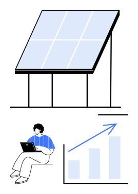 Güneş paneli yapısı, yükselen çubuk grafiği ve dizüstü bilgisayarda çalışan biri. Sürdürülebilirlik, yeşil enerji, verimlilik, büyüme, yenilik, uzaktan çalışma, ekolojik bilinçli gelecek için idealdir. Düz basit