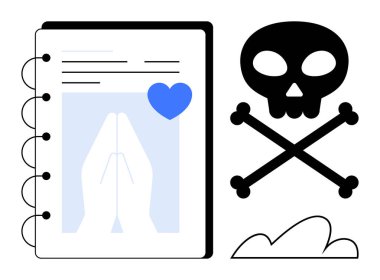 Dua eden elleri, kalbi, kafatası ve bulutu olan bir defter sayfası. Maneviyat, fanilik, inanç, karşıtlık felsefesi, kendini yansıtma minimalizmi için idealdir. Düz basit metafor