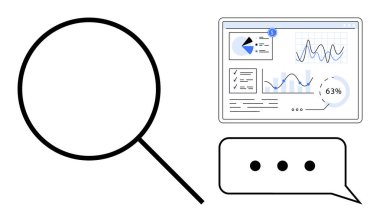 Büyüteç, grafikli analitik gösterge paneli ve sohbet balonu araştırmayı, sezgileri, karar vermeyi, iletişimi, iş stratejisini, dijital pazarlamayı ve takım çalışmasını sembolize ediyor. Düz basit