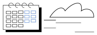 Vurgulanmış tarihlerle takvim ve akan satırlarla bağlı bir bulut simgesi. Zaman yönetimi, planlama, dijital dönüşüm, bulut depolama, senkronizasyon, üretkenlik, düz basit