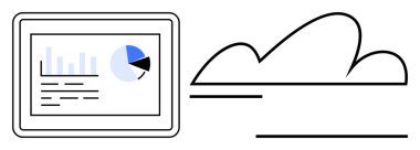 Tablet ekranda en düşük bulut tasarımının yanında bar grafiği, pasta grafiği ve veri çizgileri görünüyor. Analiz, bulut depolama, veri yönetimi, teknoloji, ticaret, bilişim hizmetleri ve yenilik temaları için ideal