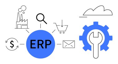 Fabrika, büyüteç, alışveriş arabası, bulut, anahtar, dolar ve e-posta için çevresindeki simgelerle ERP merkez merkezi. İş ve organizasyon yönetimi entegrasyon optimizasyonu için ideal
