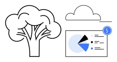 Finansal tablonun yanında ağaç ve bulut. Turta grafiği ve dolar işareti çevresel ve ekonomik dengeyi gösteriyor. Sürdürülebilirlik, finans, eko-ticaret, büyüme, analiz ve yeşil ekonomi için ideal