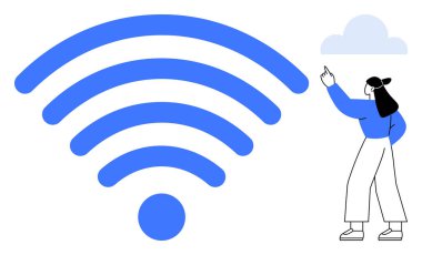 Kadın, kablosuz bağlantı, iletişim, internet tabanlı hizmetler, uzaktan erişim, ağ oluşturma, yenilik ve dijital ilerlemeyi temsil ederek, büyük ölçekli kablosuz sinyal ve buluta doğru hareketler yapıyor. İdeal