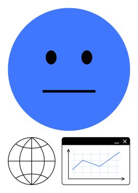 Dünyanın üzerinde mavi nötr bir yüz ve yükselen bir grafik. Veri eğilimleri, duygu analizleri, küresel bağlantı, internet büyümesi, iletişim, teknoloji, iş anlayışı için ideal. Düz basit metafor
