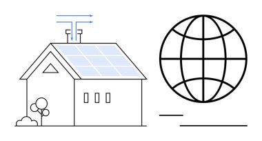Güneş panelleri ve antenli ev yenilenebilir enerji ve küresel veri entegrasyonunu temsil ediyor. Sürdürülebilirlik, temiz enerji, geleceksel yaşam, teknoloji bağlantısı, akıllı sistemler için ideal