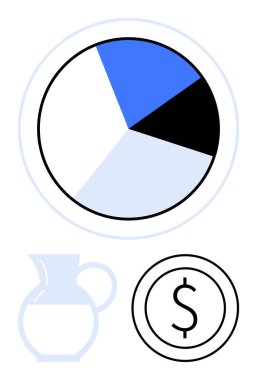 Bir dolarlık ikon ve sürahinin yanında mavi, siyah ve beyaz kesitli turta grafiği. Finans, kaynak tahsisi, bütçe, iş stratejisi, yatırım analizi sürdürülebilirliği için ideal. Düz