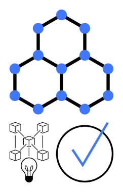 Geometrik moleküler yapı ile bağlı düğümler, engelleme ağı diyagramı, fikir için işaretlenmiş ampul ve büyük kontrol işareti. Bilim, yenilik, engelleme zinciri, doğruluk, araştırma için ideal