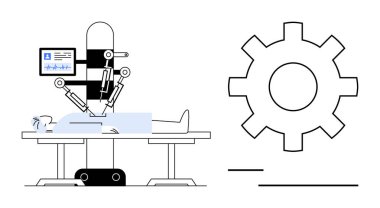 Ameliyat masasında ameliyat yapan bir hastaya robot kollar ve sağlık istatistiklerini gösteren bir monitör. Sağlık, yenilik, robot bilimi, yapay zeka teknolojisi, otomasyon, mekanik ve gelecek için ideal