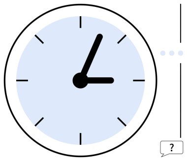 Üzerinde küçük konuşma balonu ve noktalar olan parlak siyah elleri olan mavi analog saat. Zamanlama, verimlilik, zaman yönetimi, hatırlatıcılar, organizasyon, teslim tarihleri için ideal, düz basit