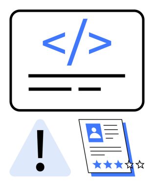 Odaklanma, üçgen uyarı işareti ve profil, kodlamayı, hata tespitini, yetenek değerlendirmesini ve kullanıcı arayüzü incelemesini sembolize ediyor. Teknoloji ve yazılım için ideal