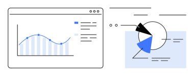 Çizgi grafik ve pasta grafiğiyle bilgisayar ekranı, veri görselleştirmesi, analitik ve raporlama. İş anlayışı, pazarlama stratejileri, performans takibi ve karar verme süreci için ideal