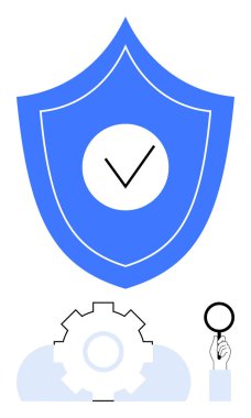Kontrol işaretli kalkanlar korumayı simgeler. İşlem optimizasyonu için teçhizat, analiz için büyüteç. Siber güvenlik, veri koruması, güven, süreç yönetimi ve risk değerlendirmesi için ideal