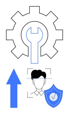 İçerideki vites ayarlarını, tanımlama çerçeveli kullanıcı profilini, işaretli mavi kalkanı kilitle. Teknoloji, siber güvenlik, kimlik, veri, bakım, iş akışı sistemi kurulumu için ideal