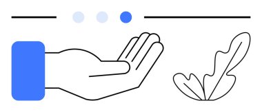 Mavi kollu, üzerinde soyut noktalar ve minimalist tarzda dekoratif yaprak olan elini aç. Destek için ideal, büyüme, paylaşım, doğa, yardım, bakım soyut düz metafor