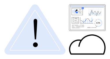 Bulut simgesiyle üçgen halinde uyarı işareti ve analitik gösterge panelinde grafikler. Risk, bulut hesaplama, veri güvenliği, performans izleme, sistem alarmları, iş zekası, düz basit