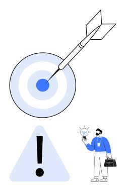 İş adamı ampulü tutarken bir dart hedefi tam ortasından vuruyor ve ünlemle üçgen bir uyarı ya da meydan okuma anlamına geliyor. Strateji, yenilik, konsept, hedef belirleme, sorun çözme için ideal