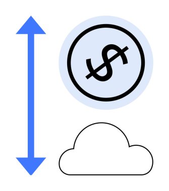 Dolar işareti ve bulutun yanında dikey mavi ok, finansal başarıyı, piyasa büyümesini, yatırımı, teknolojiyi, yeniliği, iş iyimserliğini ve ilerlemeyi simgeliyor. Ekonomi girişimleri için ideal
