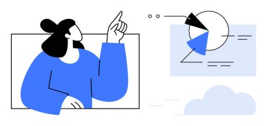 Pasta grafiği ve veri çizgilerine doğru hareket eden kadın, analitiği, iletişimi ve takım çalışmasını kavramsallaştırıyor. İş, strateji, eğitim, araştırma, dijital büyüme yaratıcılığı için ideal basit