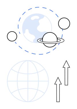 Yörünge çizgileri, Satürn, Dünya küresi ve yukarı çıkan oklar gelişmeyi, büyümeyi ve küresel fikirleri temsil ediyor. İş büyümesi, yenilik, uzay keşfi küreselleşme eğitimi için ideal
