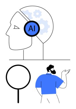 Yapay zeka ve vites konsepti olan insan kafasının taslağı. Bir büyüteç ve araştıran bir adam da dahil. Yapay zeka, teknoloji, yenilik, analiz, araştırma, problem çözme, gelecekteki düşünceler için ideal