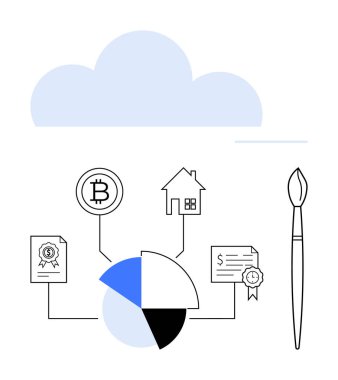 Bitcoin 'i, evi, sertifikaları ve boya fırçasını birleştiren bir bulut. Engelleme zinciri, finans, sanat, emlak eğitimi analitikleri ve verilerin temsili. Yaratıcı daire için ideal