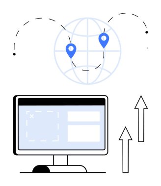 Uygulama arayüzü olan masaüstü monitörü, büyümeyi ve bağlantıyı gösteren oklu ve lokasyon iğneli dünya. Teknoloji, veri yönetimi, küresel iletişim ve uzak çalışma için ideal
