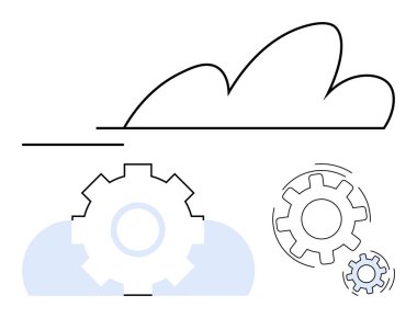Birbirine kenetlenmiş vites parçalarıyla soyut bulut anahatları. Teknoloji, yenilik, bulut hesaplama, sistem entegrasyonu, otomasyon, mühendislik, mekanik için idealdir. Temiz düz basit metafor
