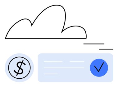 Bulut çizgisi, dolar sembolü, mavi daire işaretleri ve bir alışveriş olduğunu gösteren çizgiler. Finans, bulut depolama, ödeme onayı, fintech, online bankacılık e-ticaret için ideal