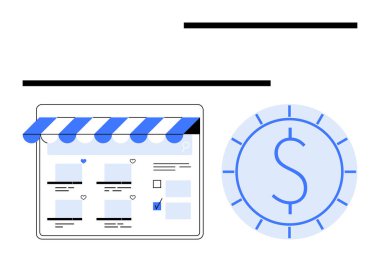 Çevrimiçi mağaza arayüzü mavi tente, kontrol listesi ve gelirleri belirten madeni paralar. E-ticaret, tasarruf, çevrimiçi alışveriş, küçük işletme, pazar, mali büyüme ve ekonomik kavramlar için ideal