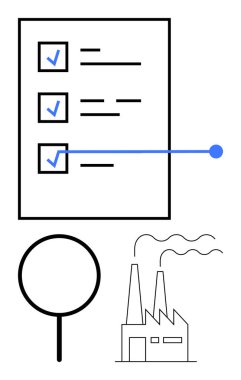 Üç görevi tamamlanmış kontrol listesi, detaylara odaklanan büyüteç ve endüstriyel fabrika illüstrasyonu. Üretkenlik, verimlilik, görev yönetimi, denetim, hedef belirleme için ideal