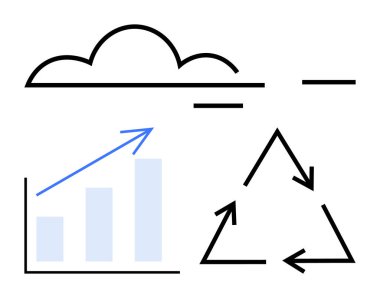 Yükselen bir çizgi üzerinde bulut şekli ve bir üçgen oluşturan bisiklet okları. Sürdürülebilirlik, bulut hesaplama, veri büyümesi, eko-dostluk, modern teknoloji, kaynak optimizasyonu, düz
