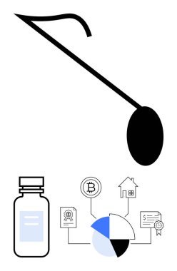 Siyah kepçe silueti, ilaç şişesi ve kripto para, emlak ve pasta grafiklerini birbirine bağlayan bilgiler. Yenilik, fintech, sağlık, yatırım verileri görselleştirme için idealdir.