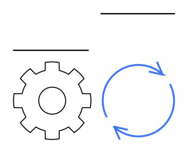 Vites ve dairesel oklar işlemin, otomasyonun ve verimliliğin mekaniğini tasvir eder. Endüstri için ideal, optimizasyon, yönetim, yenilik, iş akışı üretkenlik takım çalışması. Düz basit metafor