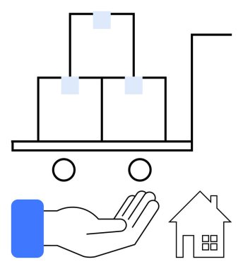El arabası, istiflenmiş kutular, açık el hediyesi ve ev ikonu. Nakliye, lojistik, ev teslimatı, kurye hizmetleri, tedarik zinciri dağıtımı için ideal. Düz basit metafor