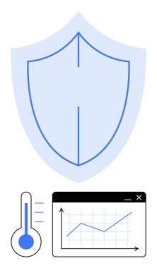 Güvenliği temsil eden açık mavi kalkan, sıcaklığı gösteren termometre ve veri eğilimlerini gösteren çizelge içeren analitik panel. Siber güvenlik, veri güvenliği, izleme ve sağlık için ideal
