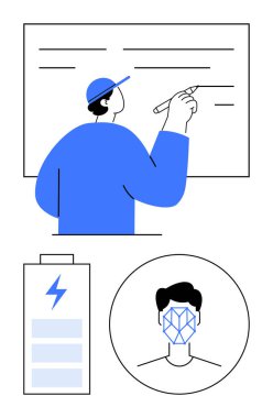 Tahtaya yazı yazan kişi, yıldırım sembollü büyük bir pil, biyometrik yüz tanıma deseni. Eğitim, teknoloji, üretkenlik, enerji, yenilik, güvenlik soyut çizgisi için ideal