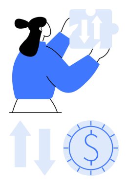 Kadının elinde okları olan yapboz parçaları yukarı aşağı oklar ve para çemberi. Finans, yatırım, karar verme, takım çalışması, strateji, sorun çözme ve ekonomik büyüme için ideal